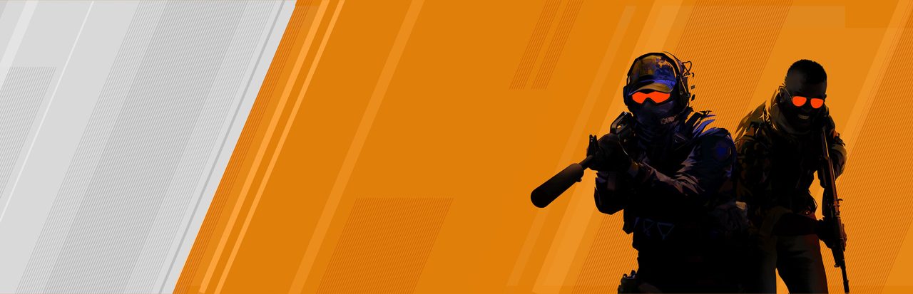 Two armed Counter-Strike 2 operatives in tactical gear and orange-lensed glasses stand in front of a bold orange and white graphic background with the numeral 2.