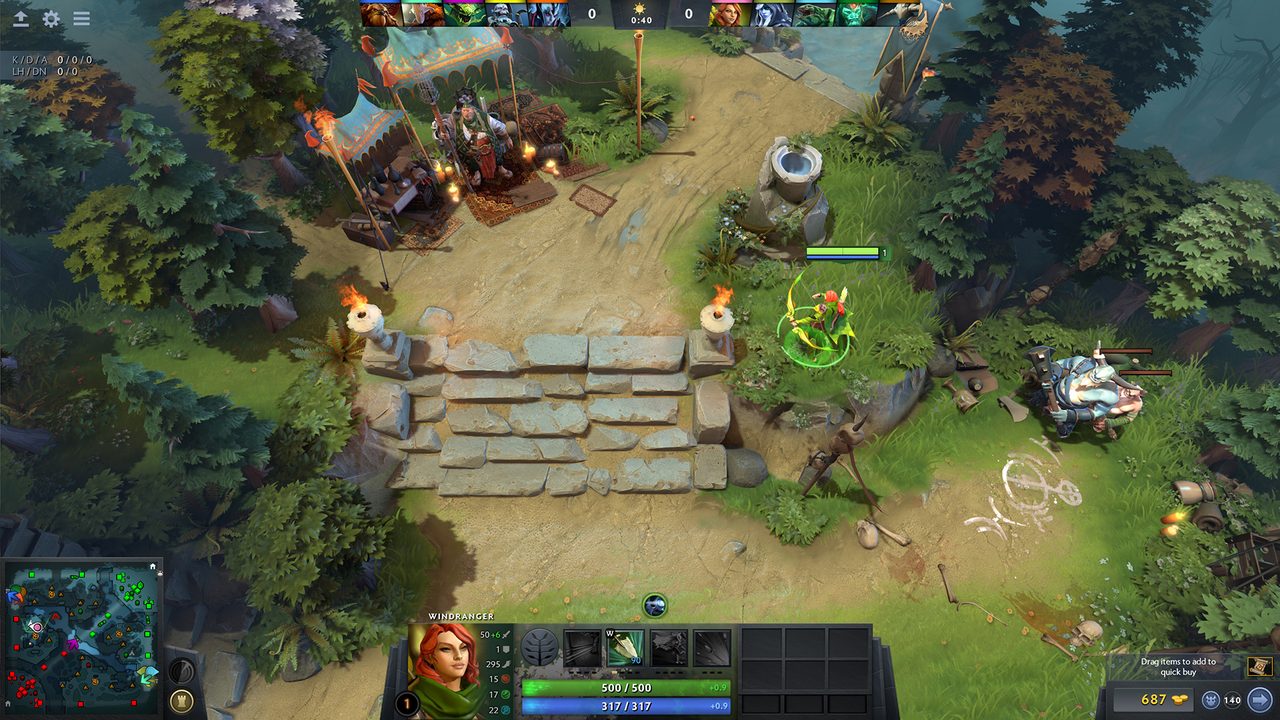 Windranger standing near a stone bridge in a forested lane at the start of a match, with a merchant tent and well visible nearby.