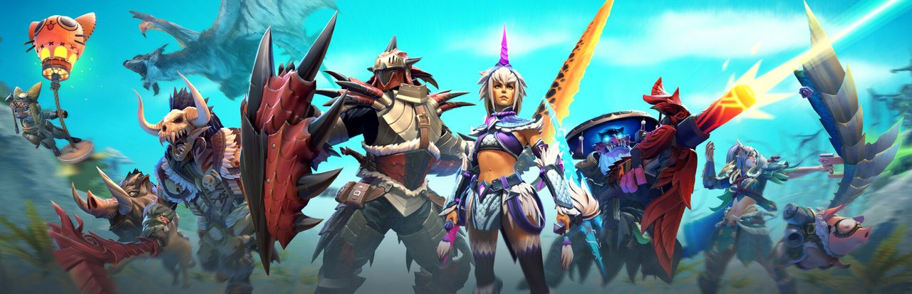 A lineup of Dota 2 heroes and creatures including an armored knight, a horned swordswoman, goblins, and a dragon against a teal sky.