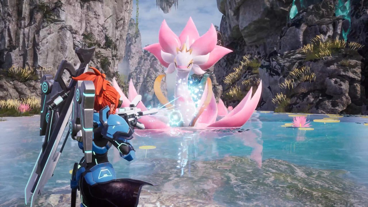 An armored player character with a large energy blade weapon facing a pink flower-like Pal standing in a shallow rocky lake.