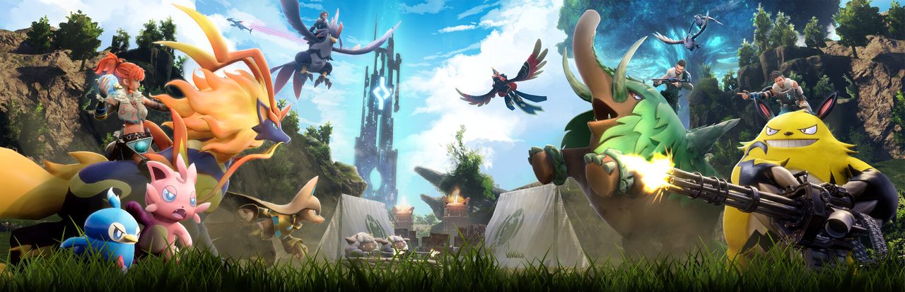 Palworld key art showing a trainer with orange hair beside a fiery fox-like creature facing off against armed human hunters and a horned green Pal wielding a minigun, with a mysterious tower in the background.