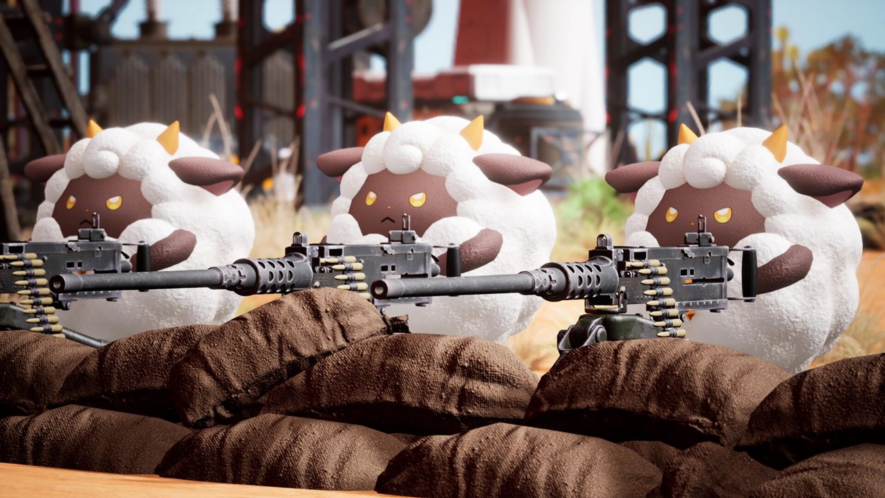 Three fluffy sheep-like Pals manning heavy machine guns behind sandbag fortifications at a base.
