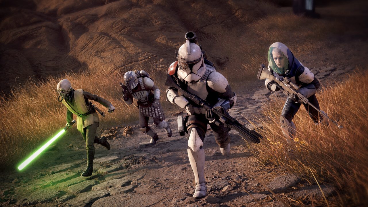 Key art silhouette of the Zero Company squad on a catwalk: a Jedi with a green lightsaber, a Mandalorian, a clone trooper, an astromech droid, and the human protagonist Hawks seated in the foreground.