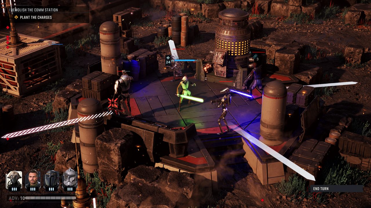 Isometric tactics-view combat on an industrial platform: clone troopers and a Jedi battle battle droids amid gunfire, explosions and objective markers reading Escape the Vulture Droids.