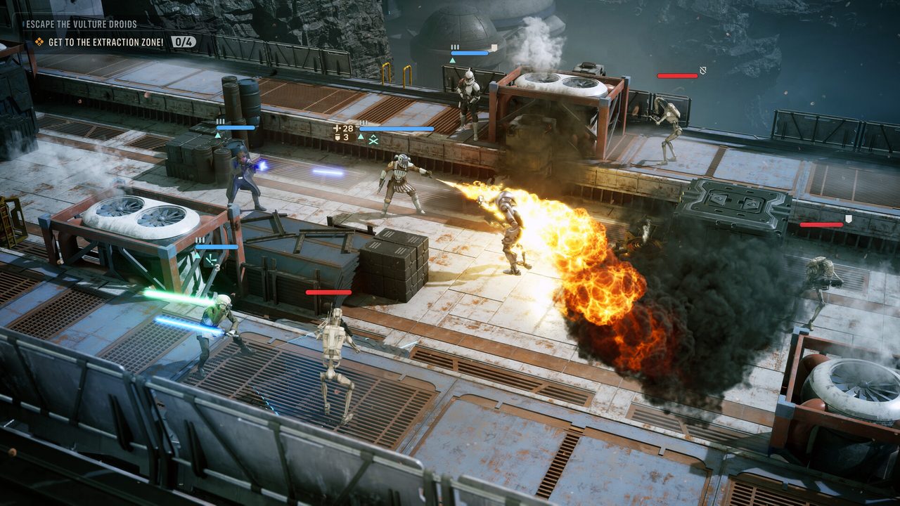 First-person view over a clone trooper's shoulder as he fires a rocket launcher at an exploding structure amid a shadowy industrial facility.